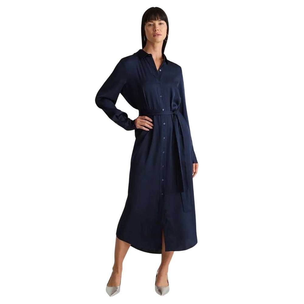 Quince Washable Stretch Silk Shirt Dress Women XS Navy Blue Belted Midi Office